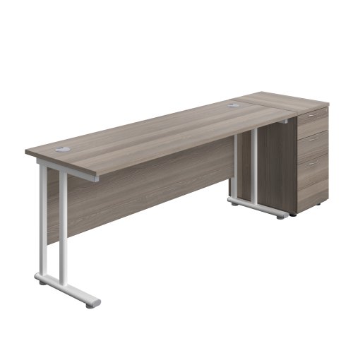 Twin Upright Rectangular Desk + Desk High 3 Drawer Pedestal (FSC) 1800X600 Grey Oak/White