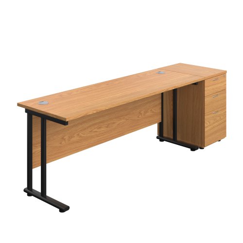 Twin Upright Rectangular Desk + Desk High 3 Drawer Pedestal (FSC) 1800X600 Nova Oak/Black