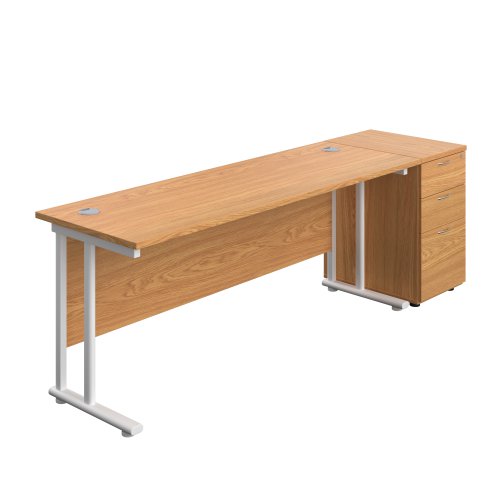 Twin Upright Rectangular Desk + Desk High 3 Drawer Pedestal 1800X600 Nova Oak/White