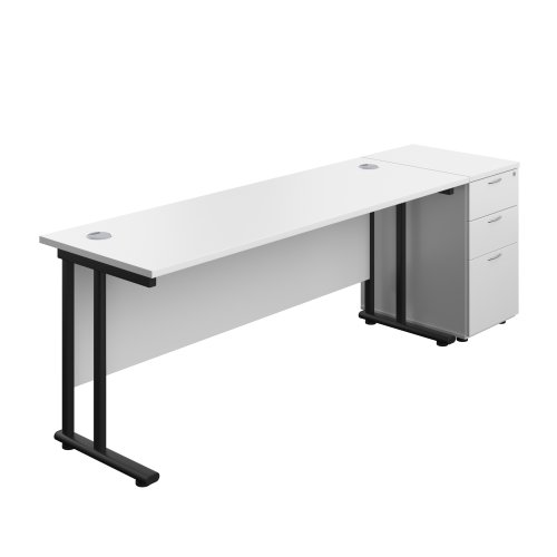 Twin Upright Rectangular Desk + Desk High 3 Drawer Pedestal 1800X600 White/Black