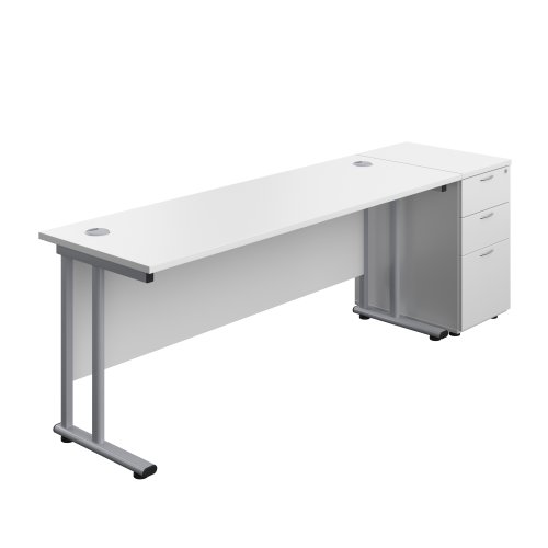 Twin Upright Rectangular Desk + Desk High 3 Drawer Pedestal (FSC) 1800X600 White/Silver