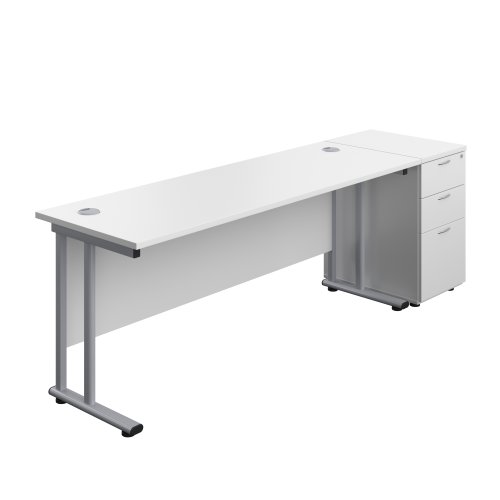 Twin Upright Rectangular Desk + Desk High 3 Drawer Pedestal 1800X600 White/Silver