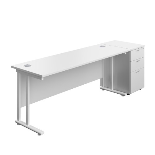 Twin Upright Rectangular Desk + Desk High 3 Drawer Pedestal 1800X600 White/White