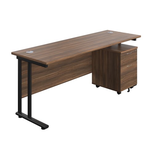 Twin Upright Rectangular Desk + Mobile 2 Drawer Pedestal 1800X600 Dark Walnut/Black
