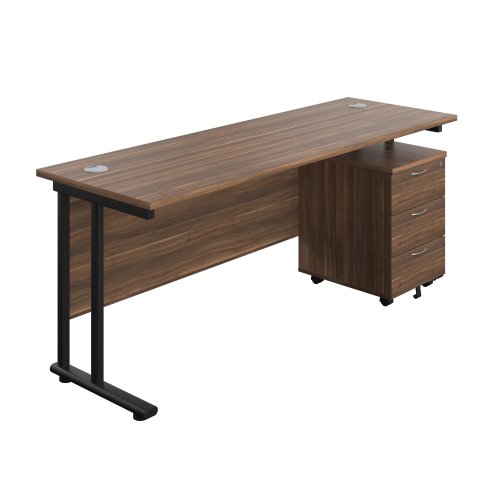 Twin Upright Rectangular Desk + Mobile 3 Drawer Pedestal 1800X600 Dark Walnut/Black