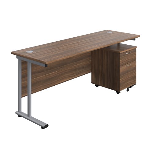 Twin Upright Rectangular Desk + Mobile 2 Drawer Pedestal 1800X600 Dark Walnut/Silver