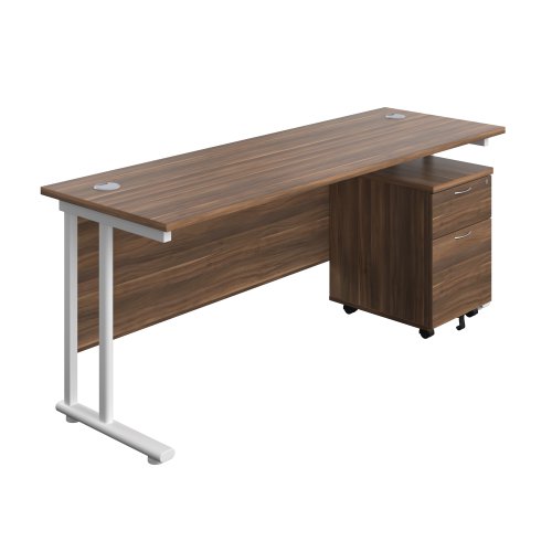 Twin Upright Rectangular Desk + Mobile 2 Drawer Pedestal 1800X600 Dark Walnut/White