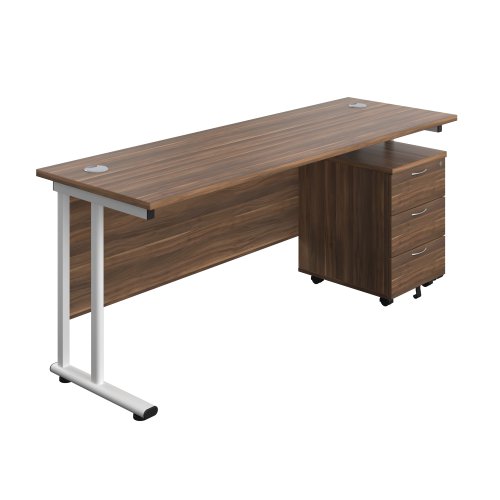 Twin Upright Rectangular Desk + Mobile 3 Drawer Pedestal 1800X600 Dark Walnut/White