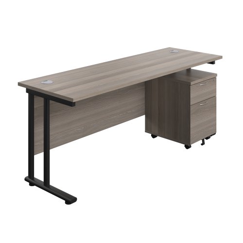 Twin Upright Rectangular Desk + Mobile 2 Drawer Pedestal 1800X600 Grey Oak/Black