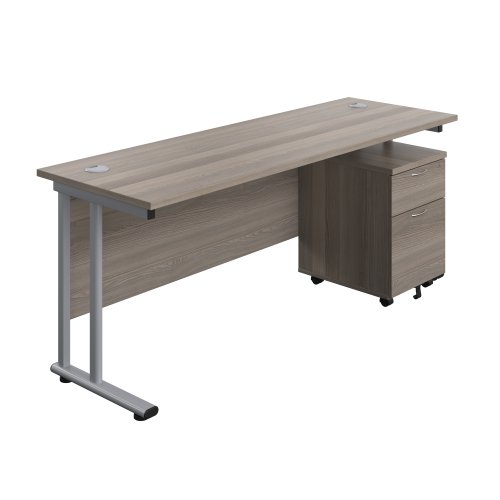Twin Upright Rectangular Desk + Mobile 2 Drawer Pedestal 1800X600 Grey Oak/Silver