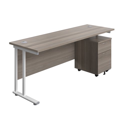 Twin Upright Rectangular Desk + Mobile 2 Drawer Pedestal 1800X600 Grey Oak/White