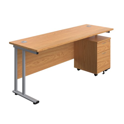 Twin Upright Rectangular Desk + Mobile 2 Drawer Pedestal (FSC) 1800X600 Nova Oak/Silver