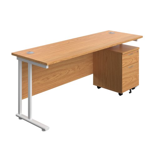 Twin Upright Rectangular Desk + Mobile 2 Drawer Pedestal (FSC) 1800X600 Nova Oak/White