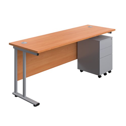 Twin Upright Rectangular Desk + Under Desk Steel Pedestal 3 Drawers (FSC) 1800X600 Beech/Silver