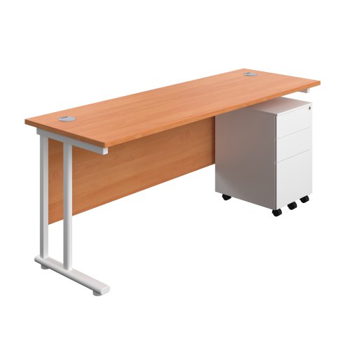 Twin Upright Rectangular Desk + Under Desk Steel Pedestal 3 Drawers 1800X600 Beech/White