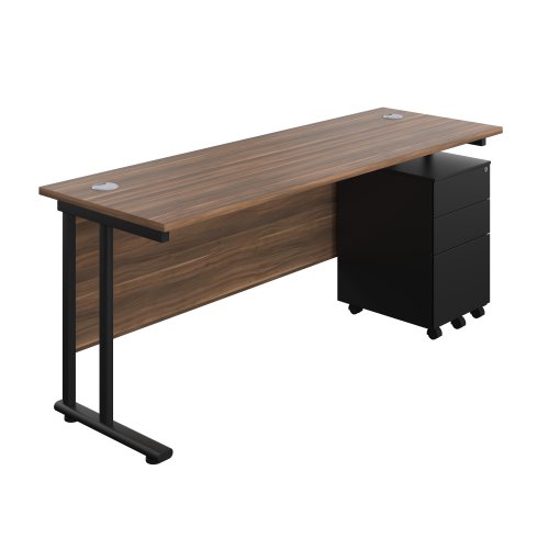 Twin Upright Rectangular Desk + Under Desk Steel Pedestal 3 Drawers 1800X600 Dark Walnut/Black