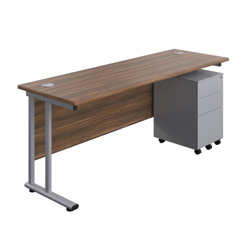 Twin Upright Rectangular Desk + Under Desk Steel Pedestal 3 Drawers 1800X600 Dark Walnut/Silver