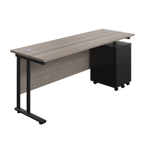 Twin Upright Rectangular Desk + Under Desk Steel Pedestal 3 Drawers 1800X600 Grey Oak/Black