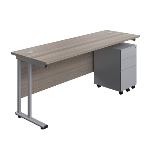 Twin Upright Rectangular Desk + Under Desk Steel Pedestal 3 Drawers (FSC) 1800X600 Grey Oak/Silver