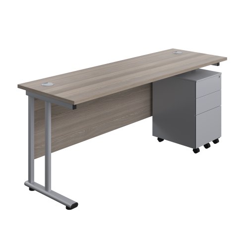 Twin Upright Rectangular Desk + Under Desk Steel Pedestal 3 Drawers 1800X600 Grey Oak/Silver