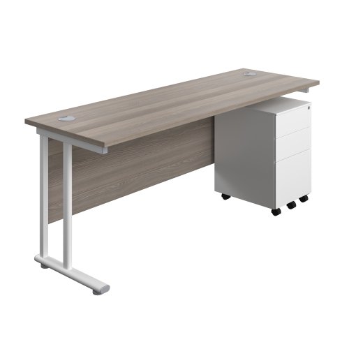 Twin Upright Rectangular Desk + Under Desk Steel Pedestal 3 Drawers 1800X600 Grey Oak/White