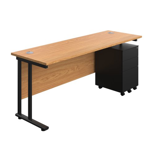Twin Upright Rectangular Desk + Under Desk Steel Pedestal 3 Drawers 1800X600 Nova Oak/Black