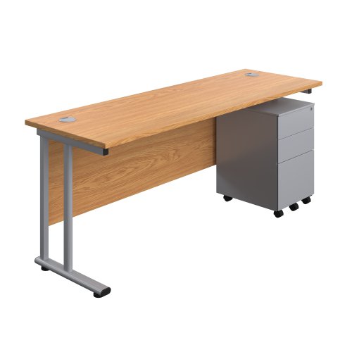 Twin Upright Rectangular Desk + Under Desk Steel Pedestal 3 Drawers 1800X600 Nova Oak/Silver