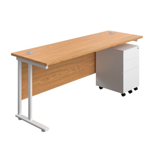 Twin Upright Rectangular Desk + Under Desk Steel Pedestal 3 Drawers 1800X600 Nova Oak/White