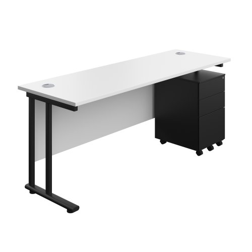 Twin Upright Rectangular Desk + Under Desk Steel Pedestal 3 Drawers 1800X600 White/Black