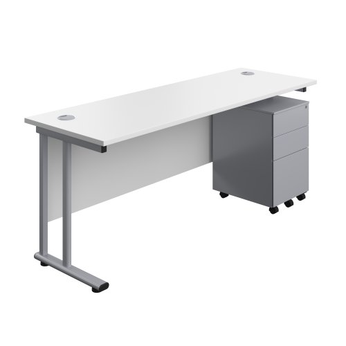 Twin Upright Rectangular Desk + Under Desk Steel Pedestal 3 Drawers (FSC) 1800X600 White/Silver