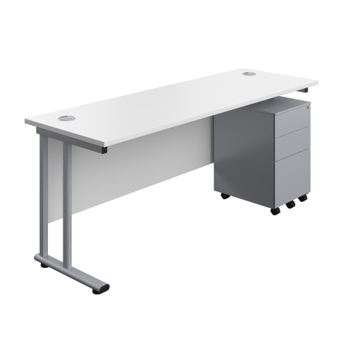 Twin Upright Rectangular Desk + Under Desk Steel Pedestal 3 Drawers 1800X600 White/Silver