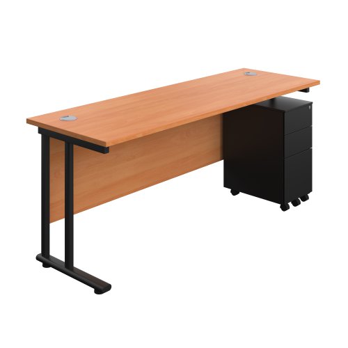 Twin Upright Rectangular Desk + Slimline Steel Pedestal 3 Drawers 1800X600 Beech/Black