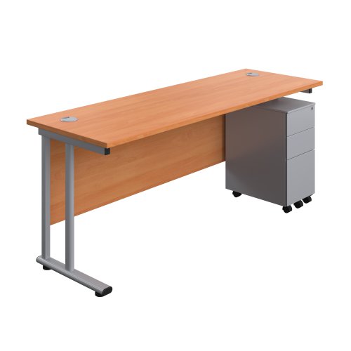 Twin Upright Rectangular Desk + Slimline Steel Pedestal 3 Drawers 1800X600 Beech/Silver