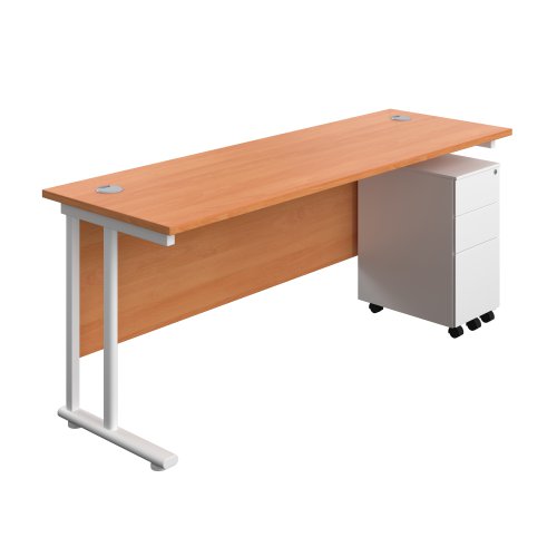 Twin Upright Rectangular Desk + Slimline Steel Pedestal 3 Drawers 1800X600 Beech/White