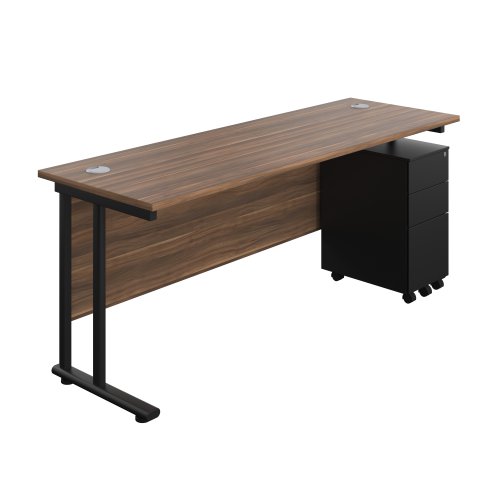 Twin Upright Rectangular Desk + Slimline Steel Pedestal 3 Drawers 1800X600 Dark Walnut/Black