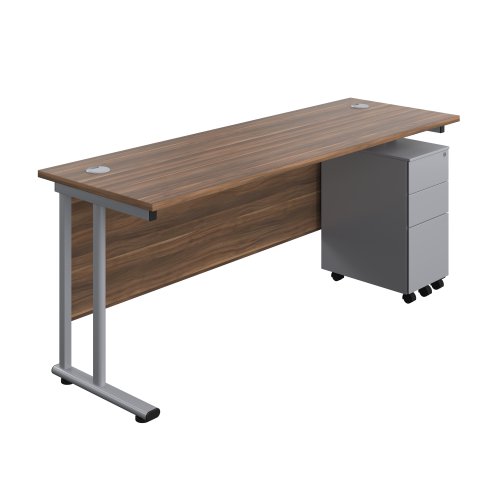 Twin Upright Rectangular Desk + Slimline Steel Pedestal 3 Drawers 1800X600 Dark Walnut/Silver