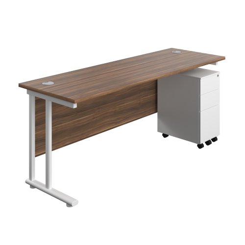 Twin Upright Rectangular Desk + Slimline Steel Pedestal 3 Drawers 1800X600 Dark Walnut/White