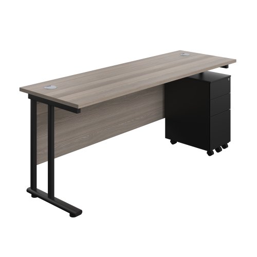 Twin Upright Rectangular Desk + Slimline Steel Pedestal 3 Drawers 1800X600 Grey Oak/Black