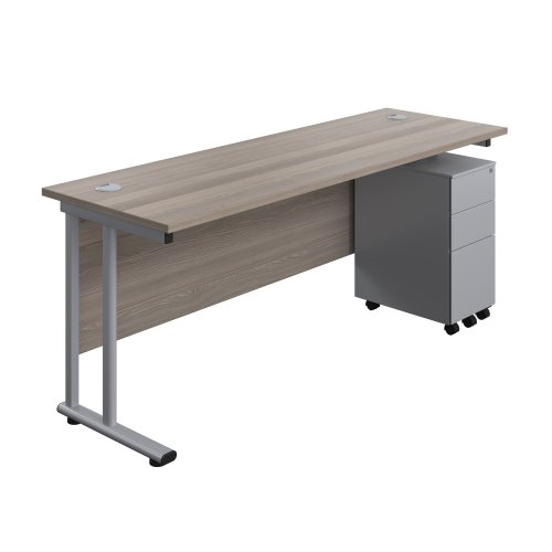 Twin Upright Rectangular Desk + Slimline Steel Pedestal 3 Drawers 1800X600 Grey Oak/Silver