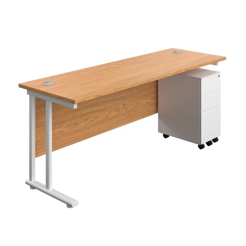 Twin Upright Rectangular Desk + Slimline Steel Pedestal 3 Drawers (FSC) 1800X600 Nova Oak/White