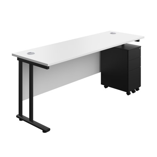 Twin Upright Rectangular Desk + Slimline Steel Pedestal 3 Drawers (FSC) 1800X600 White/Black