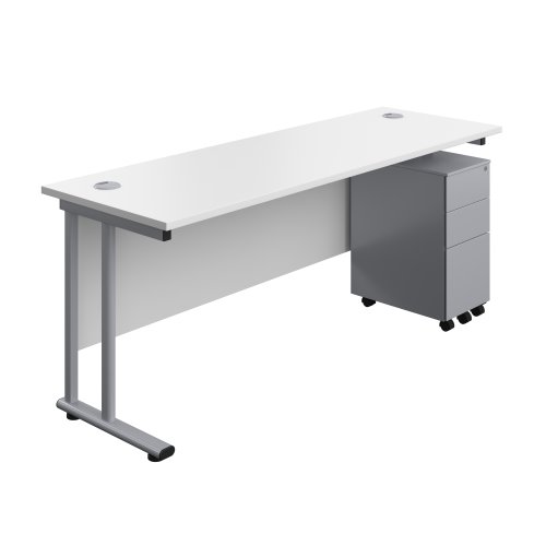 Twin Upright Rectangular Desk + Slimline Steel Pedestal 3 Drawers (FSC) 1800X600 White/Silver