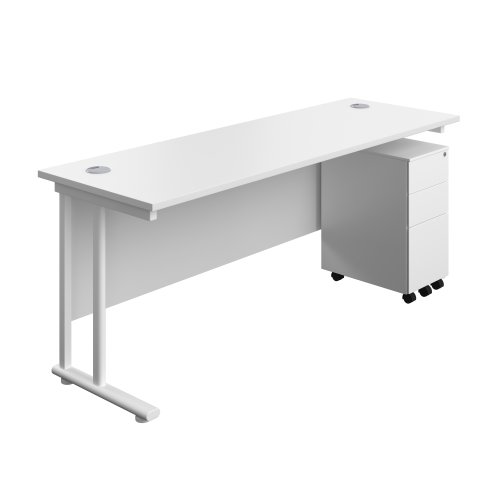 Twin Upright Rectangular Desk + Slimline Steel Pedestal 3 Drawers 1800X600 White/White
