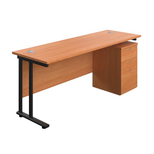 Twin Upright Rectangular Desk + High Mobile Pedestal 3 Drawer 1800X600 Beech/Black