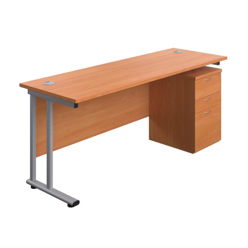 Twin Upright Rectangular Desk + High Mobile Pedestal 3 Drawer 1800X600 Beech/Silver