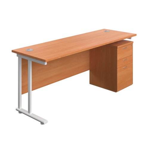 Twin Upright Rectangular Desk + High Mobile Pedestal 3 Drawer 1800X600 Beech/White