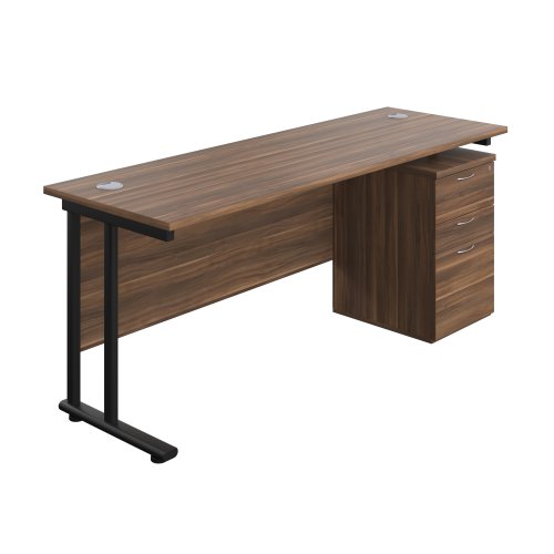 Twin Upright Rectangular Desk + High Mobile Pedestal 3 Drawer 1800X600 Dark Walnut/Black