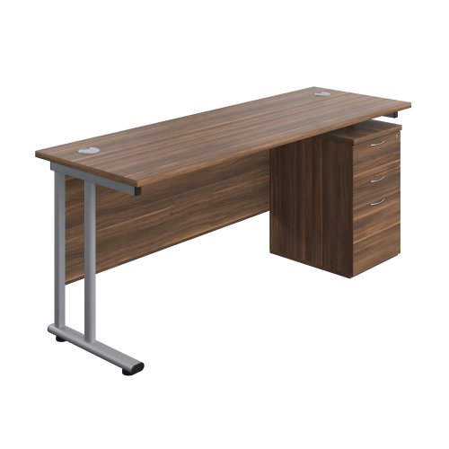 Twin Upright Rectangular Desk + High Mobile Pedestal 3 Drawer 1800X600 Dark Walnut/Silver