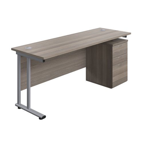 Twin Upright Rectangular Desk + High Mobile Pedestal 3 Drawer (FSC) 1800X600 Grey Oak/Silver