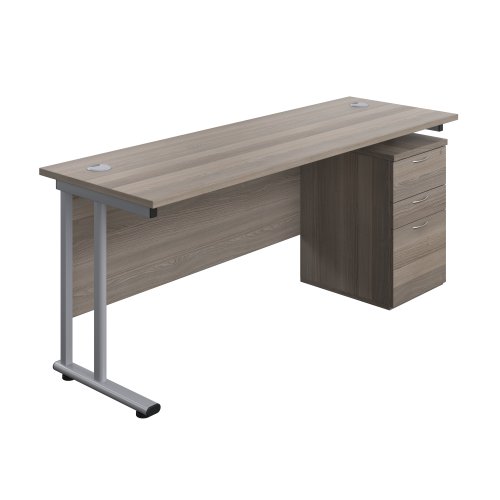 Twin Upright Rectangular Desk + High Mobile Pedestal 3 Drawer 1800X600 Grey Oak/Silver